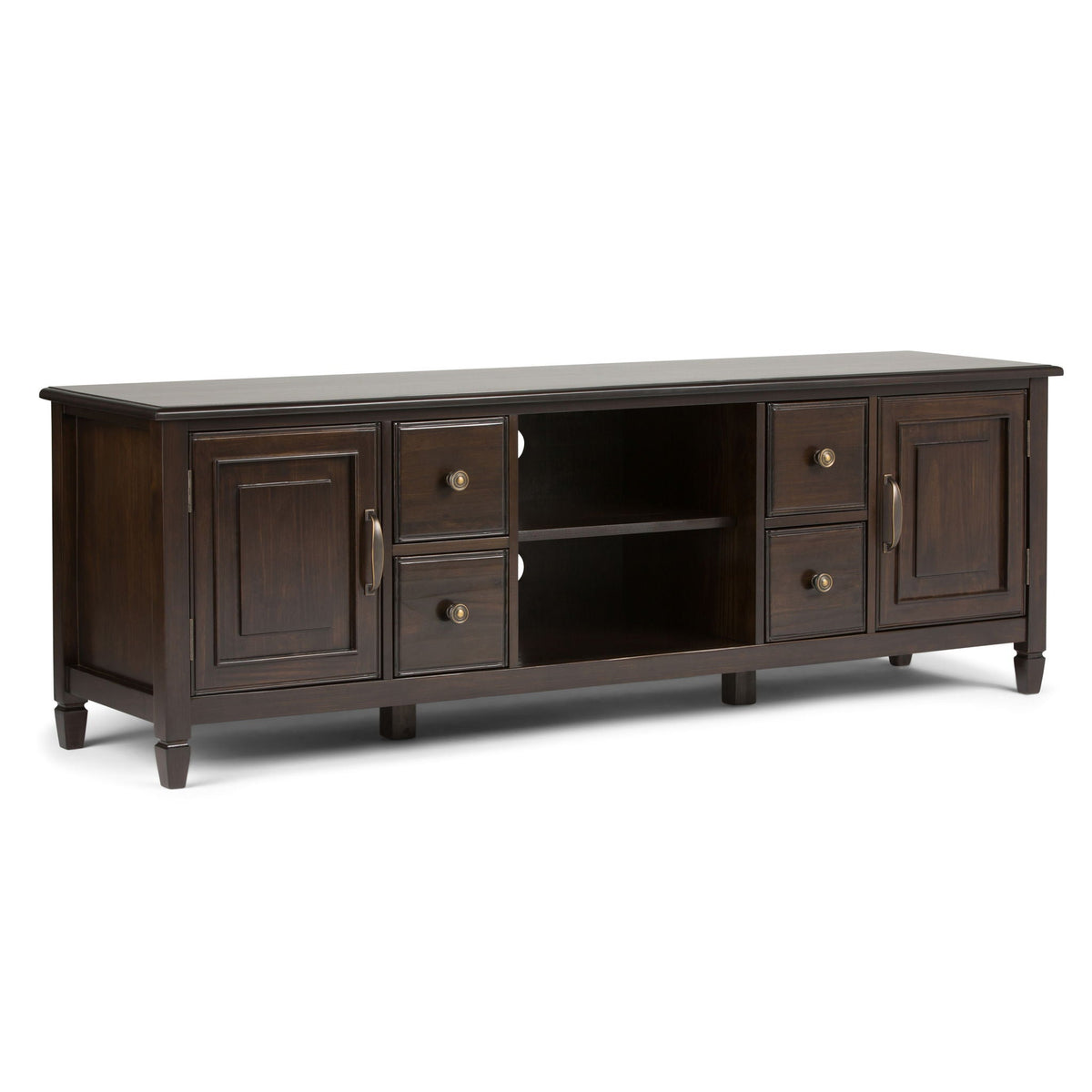 Sturdy solid wood TV stand by HouseOfZazla in dark espresso with wide storage and open shelf on Tampa Home & Garden Store