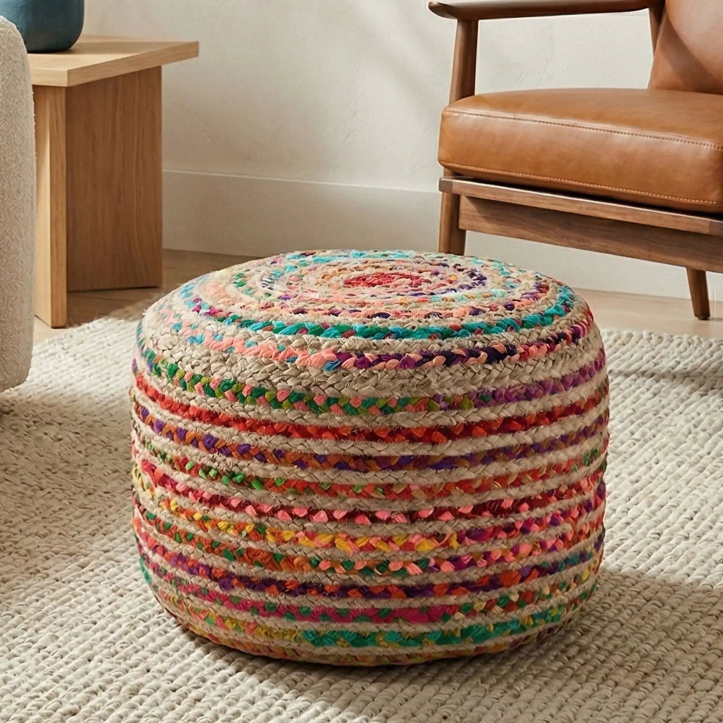 Margo handcrafted round pouf by Unique Piece Furniture; colorful crocheted accent pouf on Tampa Home & Garden Store