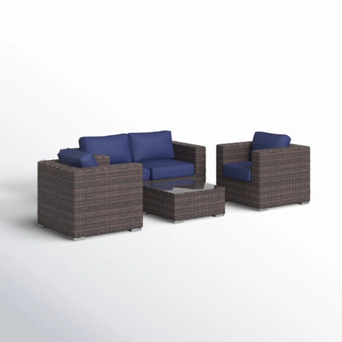 Wicker outdoor seating set with blue cushions includes a sofa and two armchairs with a glass coffee table on Tampa Home & Garden Store