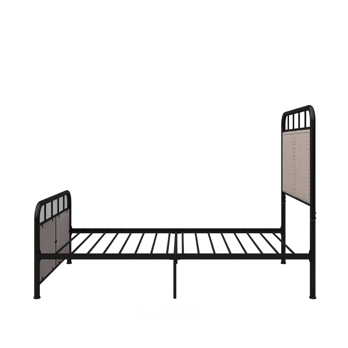 Twin Linen Upholstered Platform Bed Frame with beige headboard & footboard, black metal on Tampa Home & Garden Store