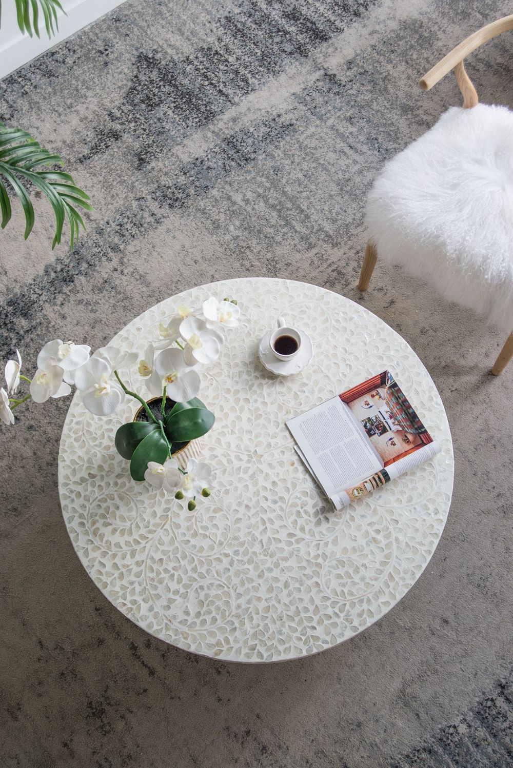 Capiz Coffee Table with Pedestal Base, white round shell-top by HouseOfZazla on Tampa Home & Garden Store