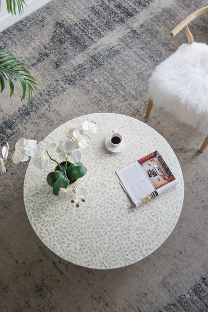 Capiz Coffee Table with Pedestal Base, white round shell-top by HouseOfZazla on Tampa Home & Garden Store