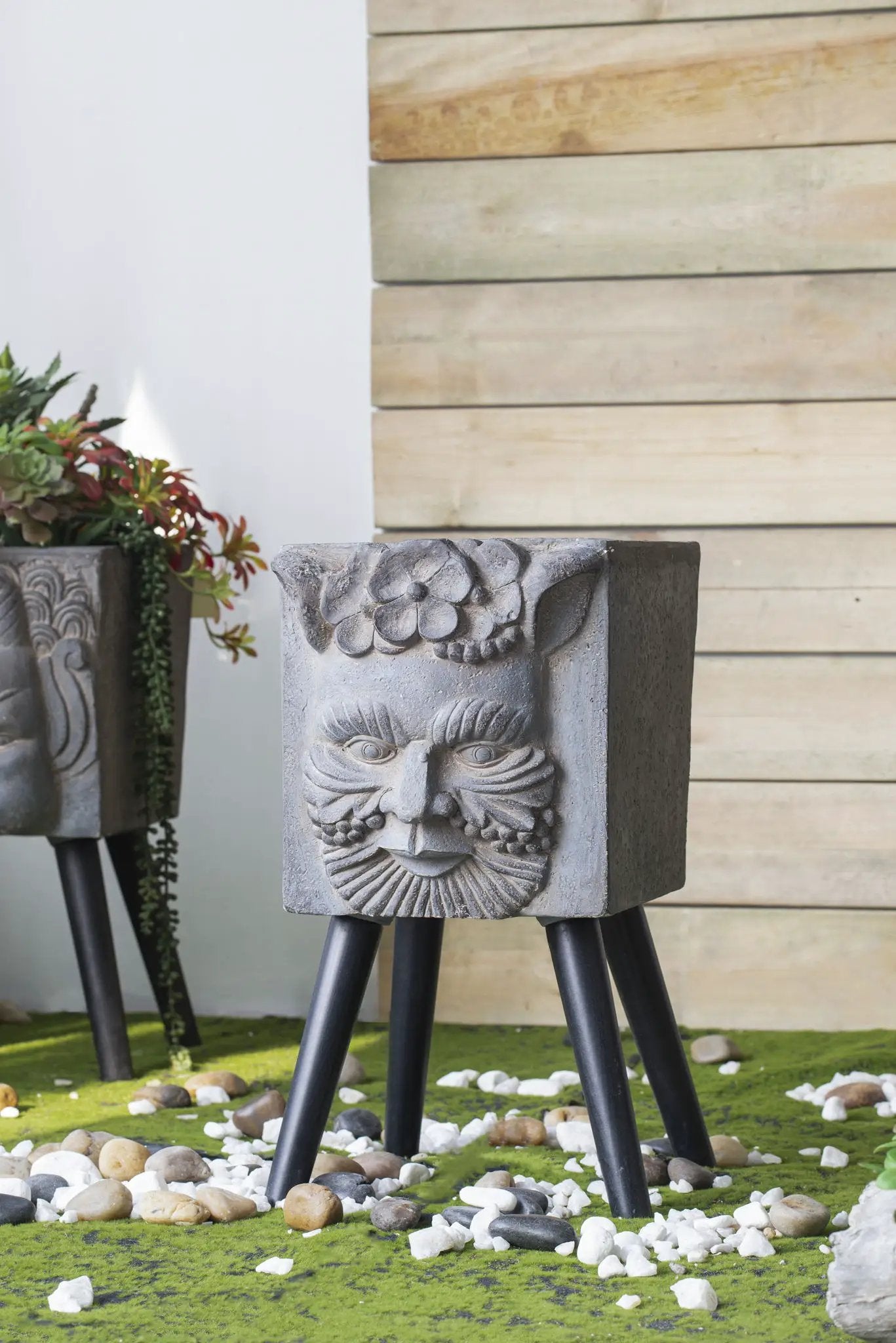 Greek God Statue Planter with Legs in gray stone-look on black tripod legs on Tampa Home & Garden Store