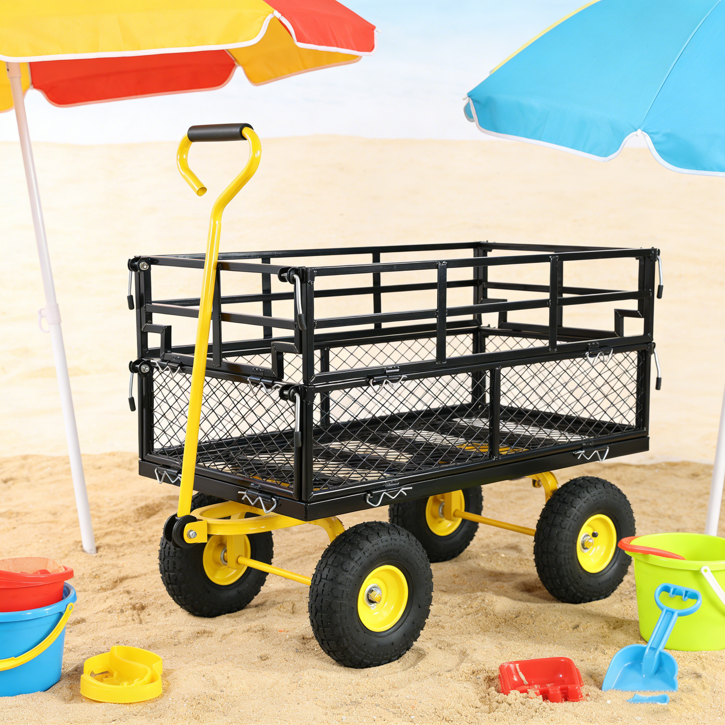 Garden wagon cart with black metal frame and bright yellow wheels by HouseOfZazla on Tampa Home & Garden Store