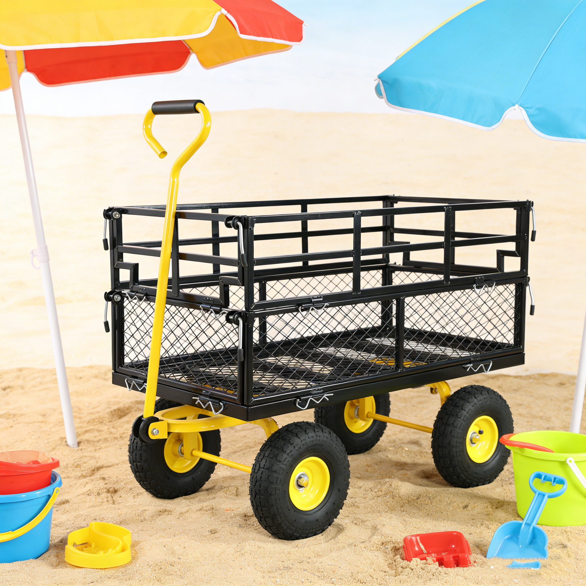 Garden wagon cart with black metal frame and bright yellow wheels by HouseOfZazla on Tampa Home & Garden Store