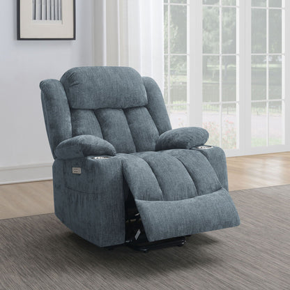 Beca upholstered power lift recliner in blue-gray fabric with built-in cupholders and USB charging on Tampa Home & Garden Store