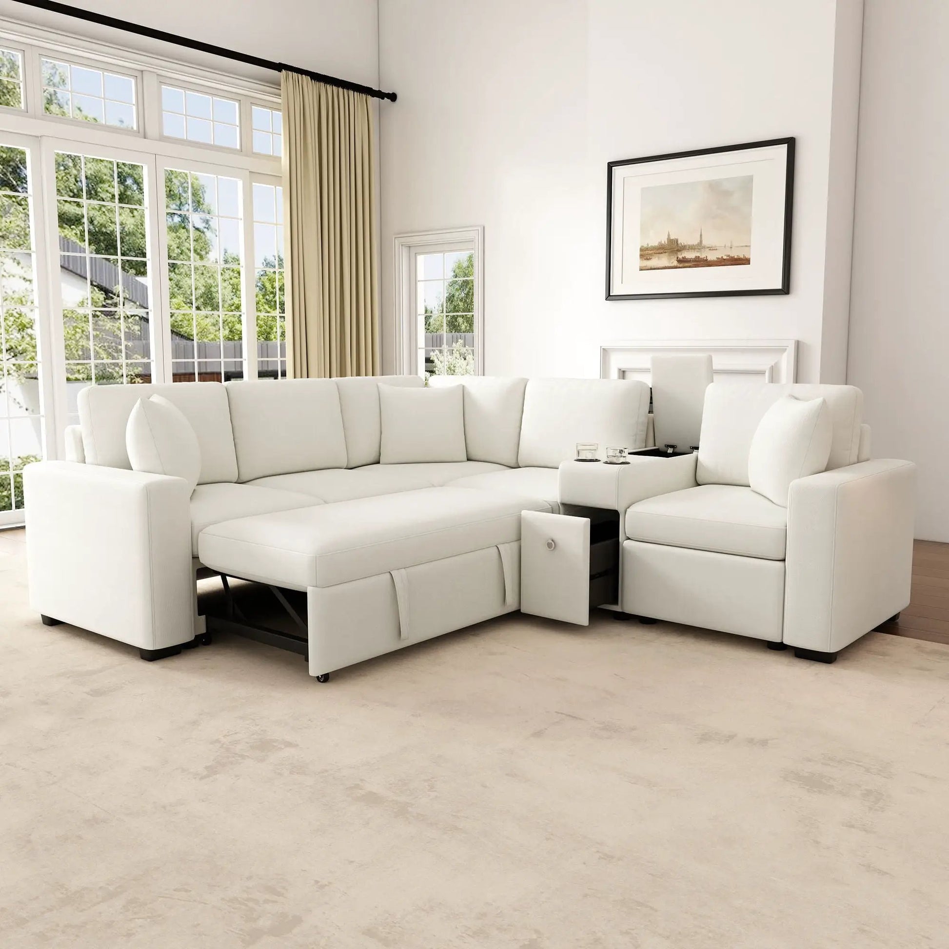 Modular L-shaped sleeper sofa with pull-out bed in white upholstery on Tampa Home & Garden Store