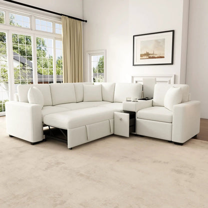 Modular L-shaped sleeper sofa with pull-out bed in white upholstery on Tampa Home & Garden Store