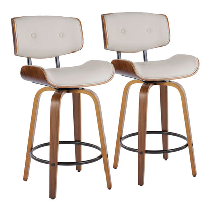 Mid-Century Modern counter stools 2-pack with cream upholstery, wood frame and swivel footrests on Tampa Home & Garden Store
