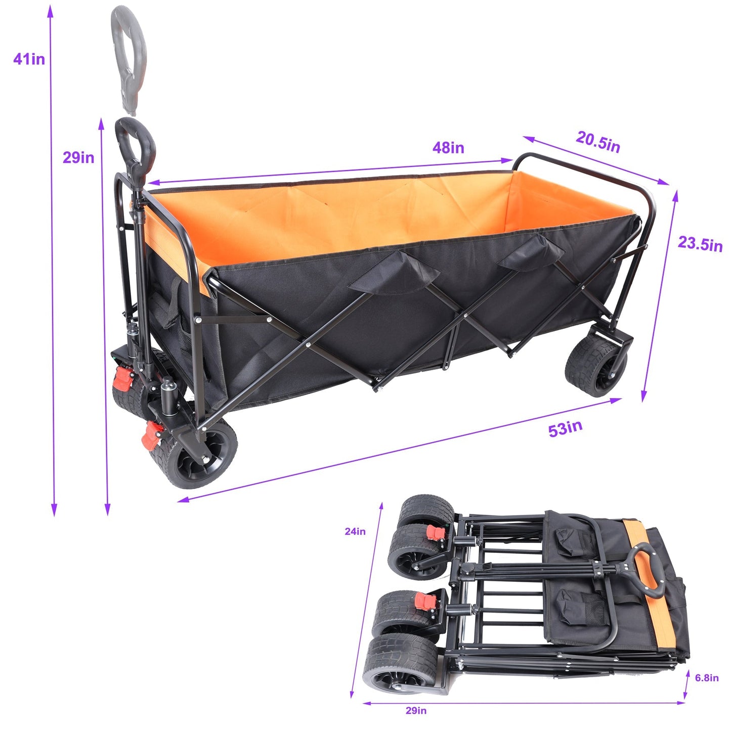 Folding wagon with extender by HouseOfZazla, black and orange interior, outdoor cart on Tampa Home & Garden Store