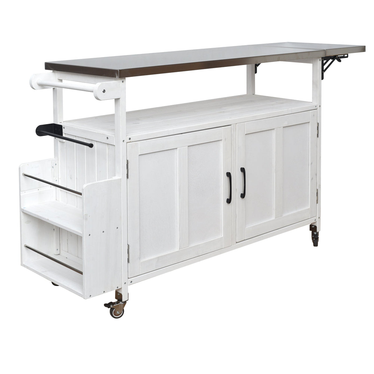 Foldable outdoor kitchen island cart with stainless top and white storage cabinet on wheels on Tampa Home & Garden Store