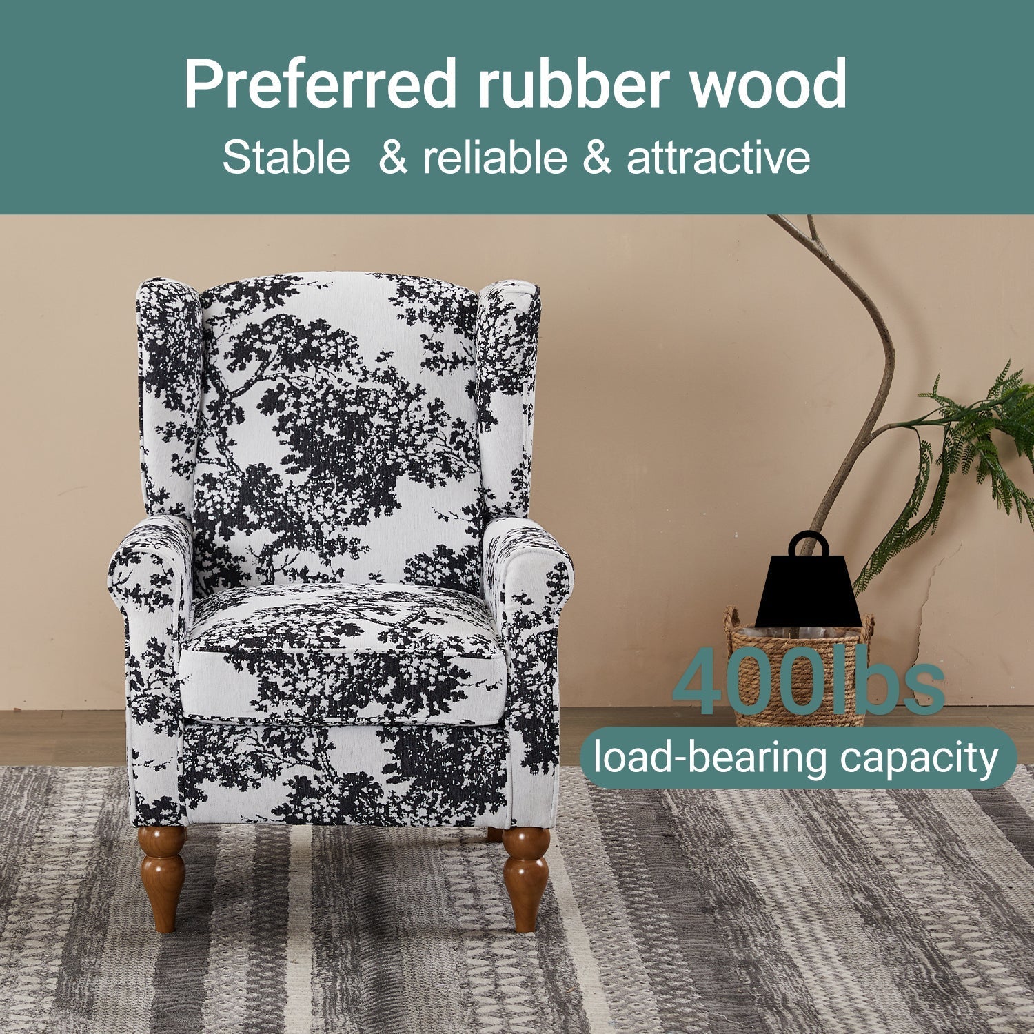 HouseOfZazla accent chair in black-and-white toile fabric with wooden turned legs on Tampa Home & Garden Store