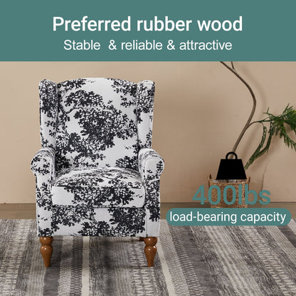 HouseOfZazla accent chair in black-and-white toile fabric with wooden turned legs on Tampa Home & Garden Store