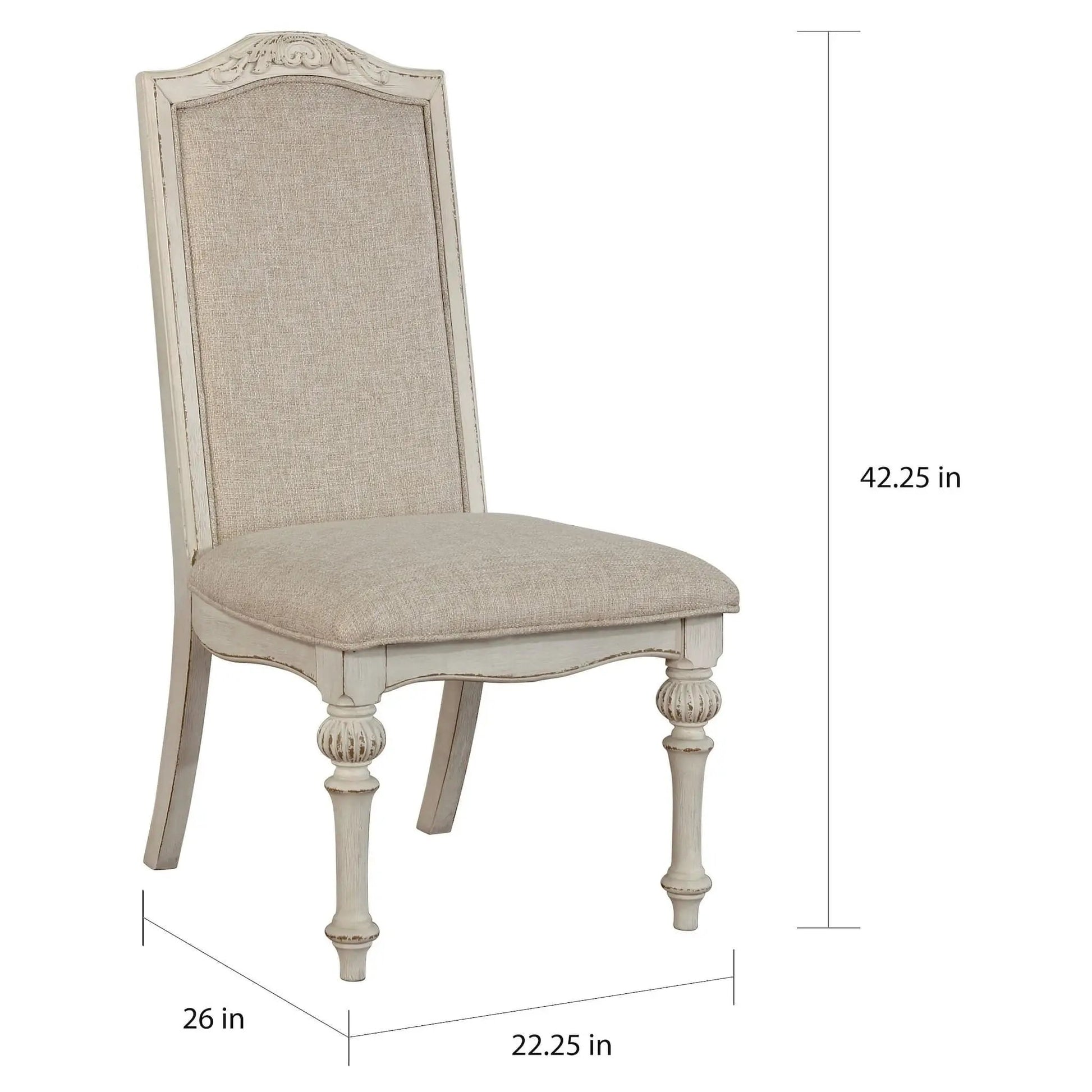 Beige linen dining chair with carved distressed white wood frame by Unique Piece Furniture on Tampa Home & Garden Store