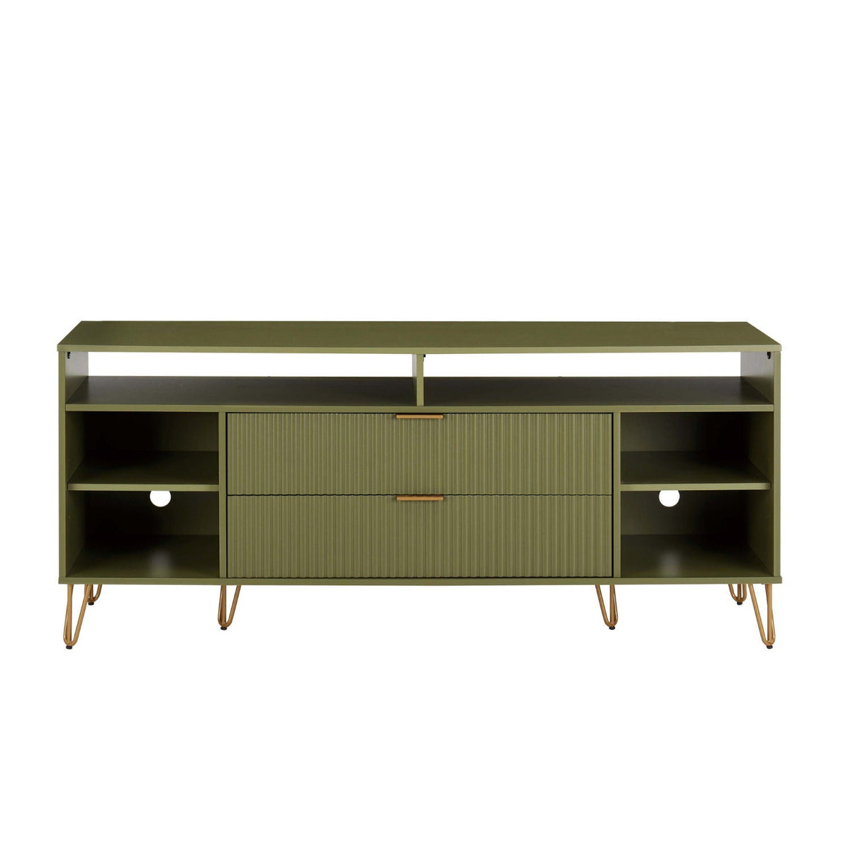 Fluted TV stand olive finish with two drawers, side shelves, hairpin legs by HouseOfZazla on Tampa Home & Garden Store
