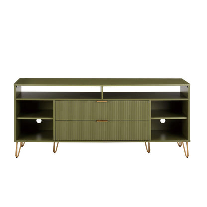 Fluted TV stand olive finish with two drawers, side shelves, hairpin legs by HouseOfZazla on Tampa Home & Garden Store