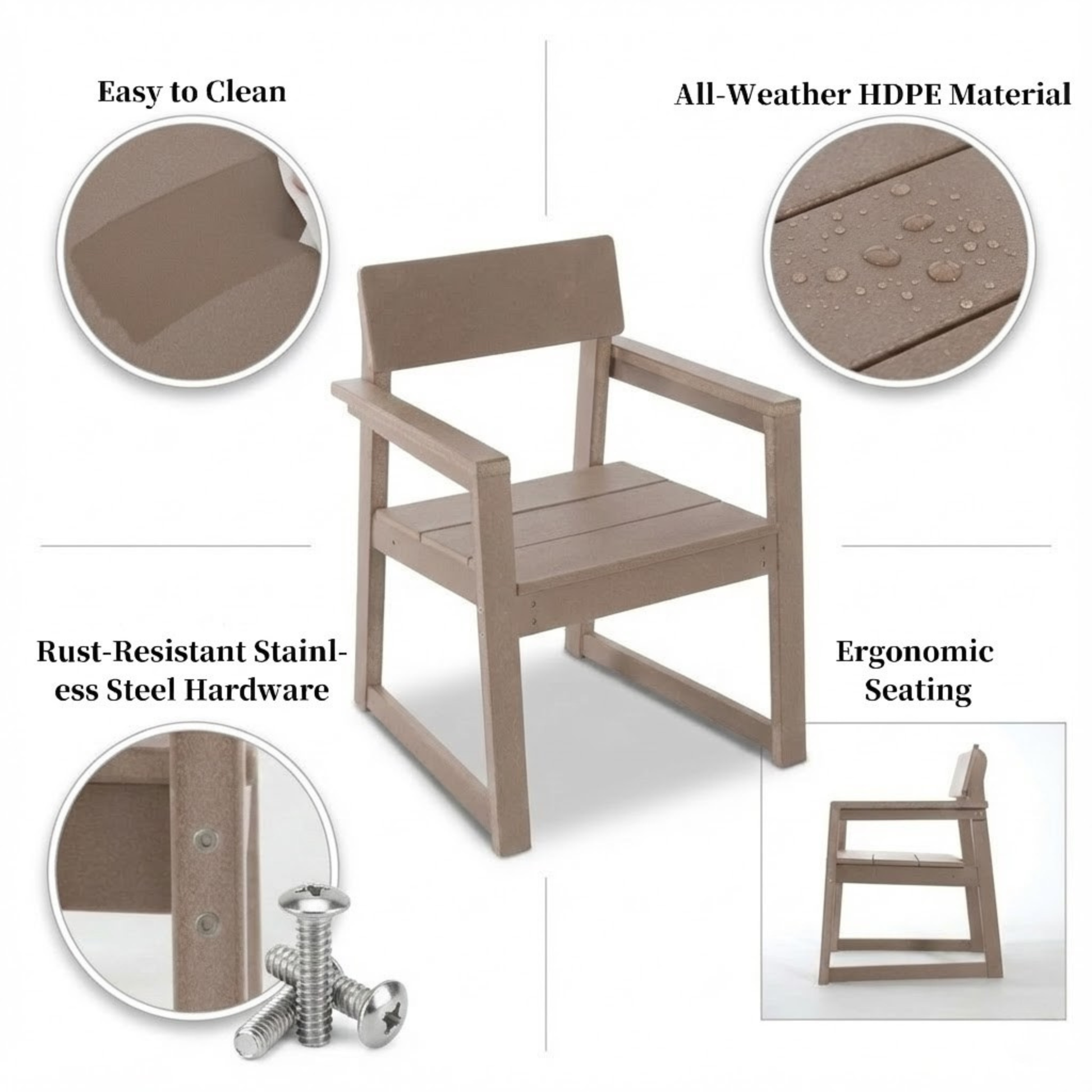 Antique wood color HDPE outdoor armchairs with backrest by HouseOfZazla all-weather seating on Tampa Home & Garden Store