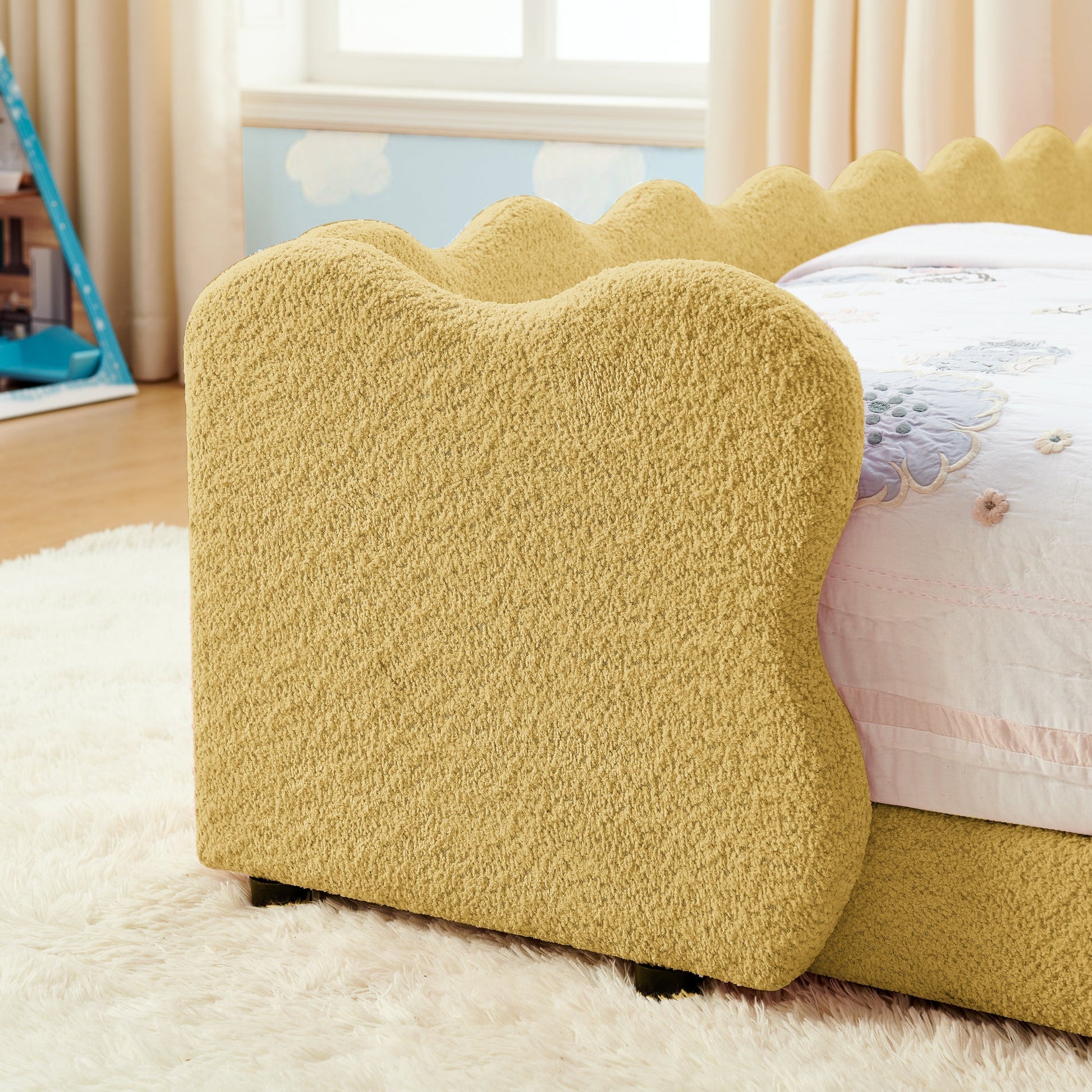 Twin size dinosaur-shaped bed with beige shaggy guardrails HouseOfZazla on Tampa Home & Garden Store