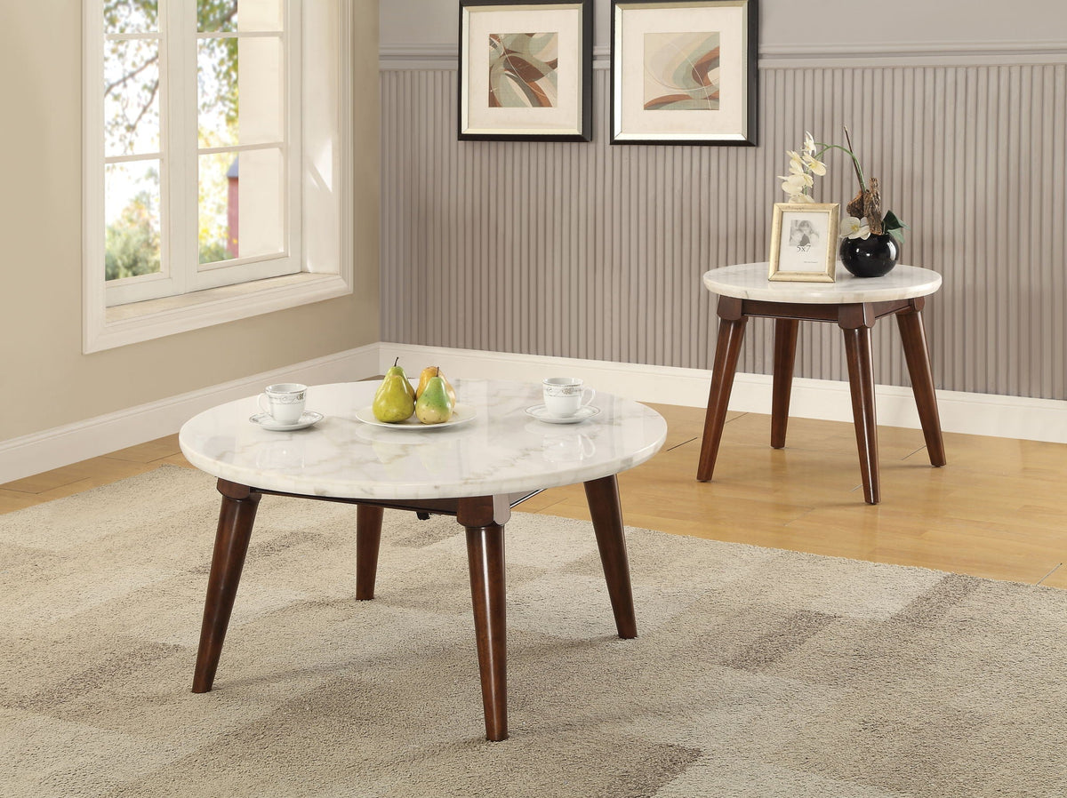 Gasha coffee table with white marble top and walnut legs, round modern centerpiece on Tampa Home & Garden Store