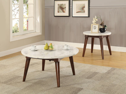 Gasha coffee table with white marble top and walnut legs, round modern centerpiece on Tampa Home & Garden Store