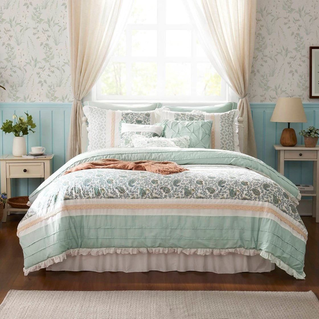 9 Piece Cotton Percale Aqua Comforter Set by HouseOfZazla on bed with coordinating pillows on Tampa Home & Garden Store