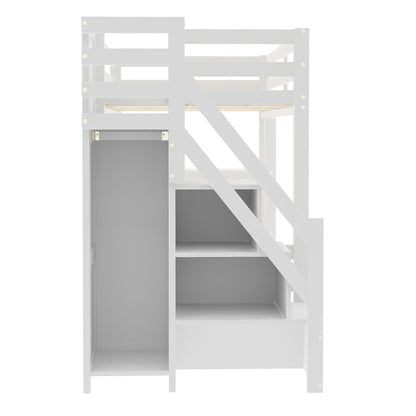 Loft bed with 4-layer shelves, storage stairs and LED light in white-gray by HouseOfZazla on Tampa Home & Garden Store