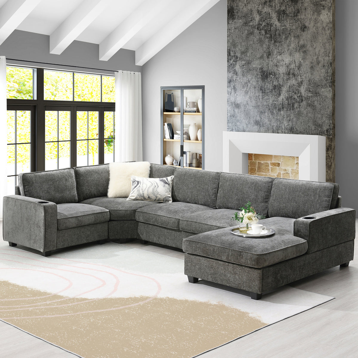 Chenille U Shaped Sectional Sofa and a Wood Frame