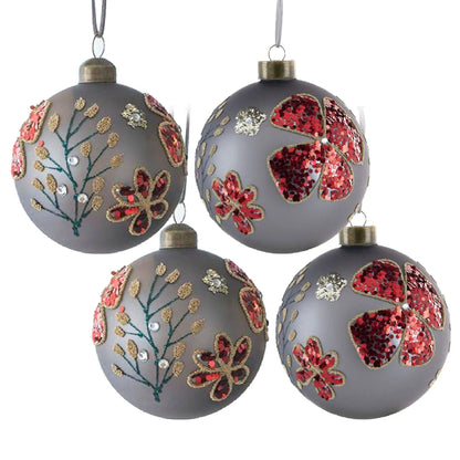 Glass hanging ball Christmas ornament pair with gray matte finish and red sequin embroidery on Tampa Home & Garden Store