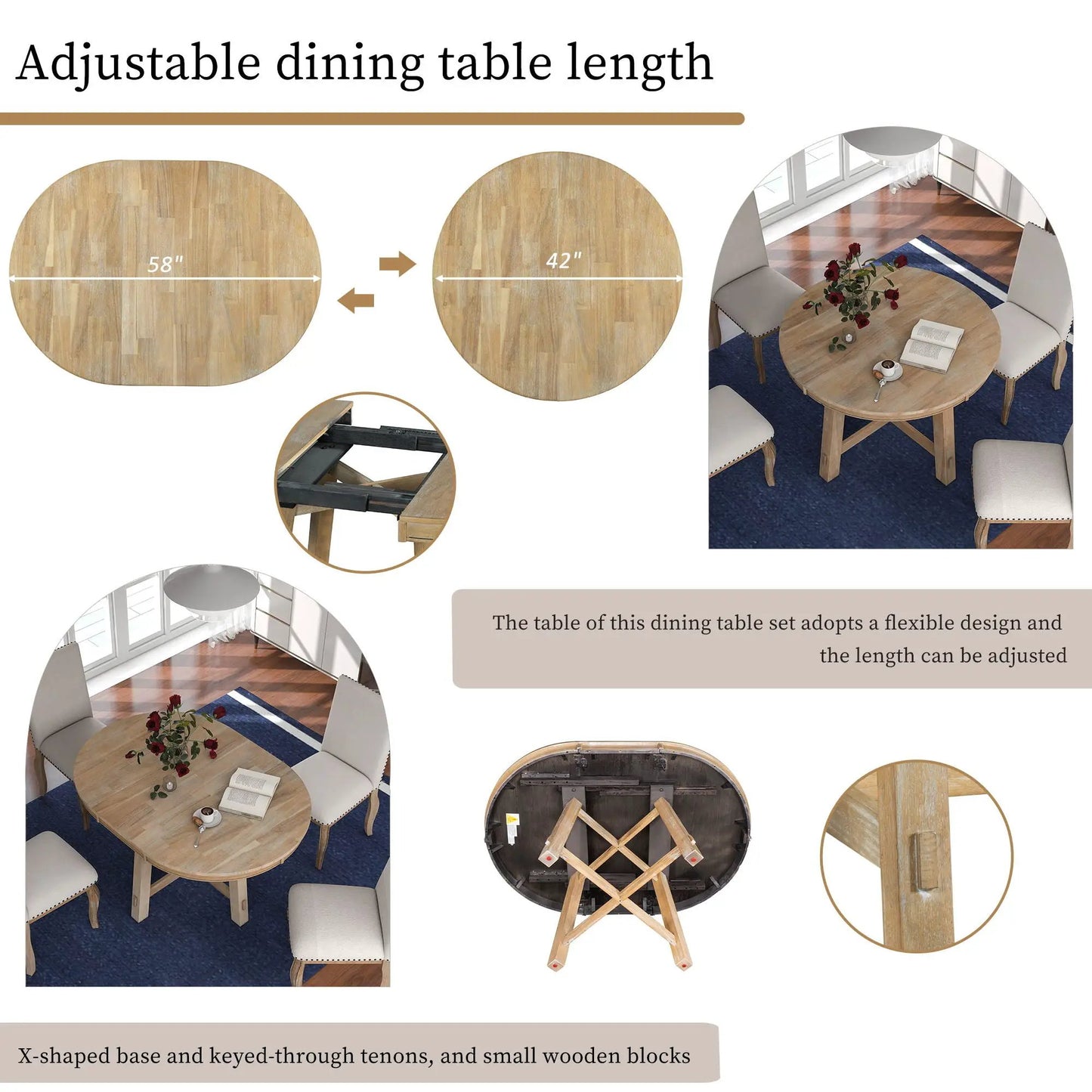 Gia round extendable dining table with 16-inch leaf in wood finish with four chairs on Tampa Home & Garden Store
