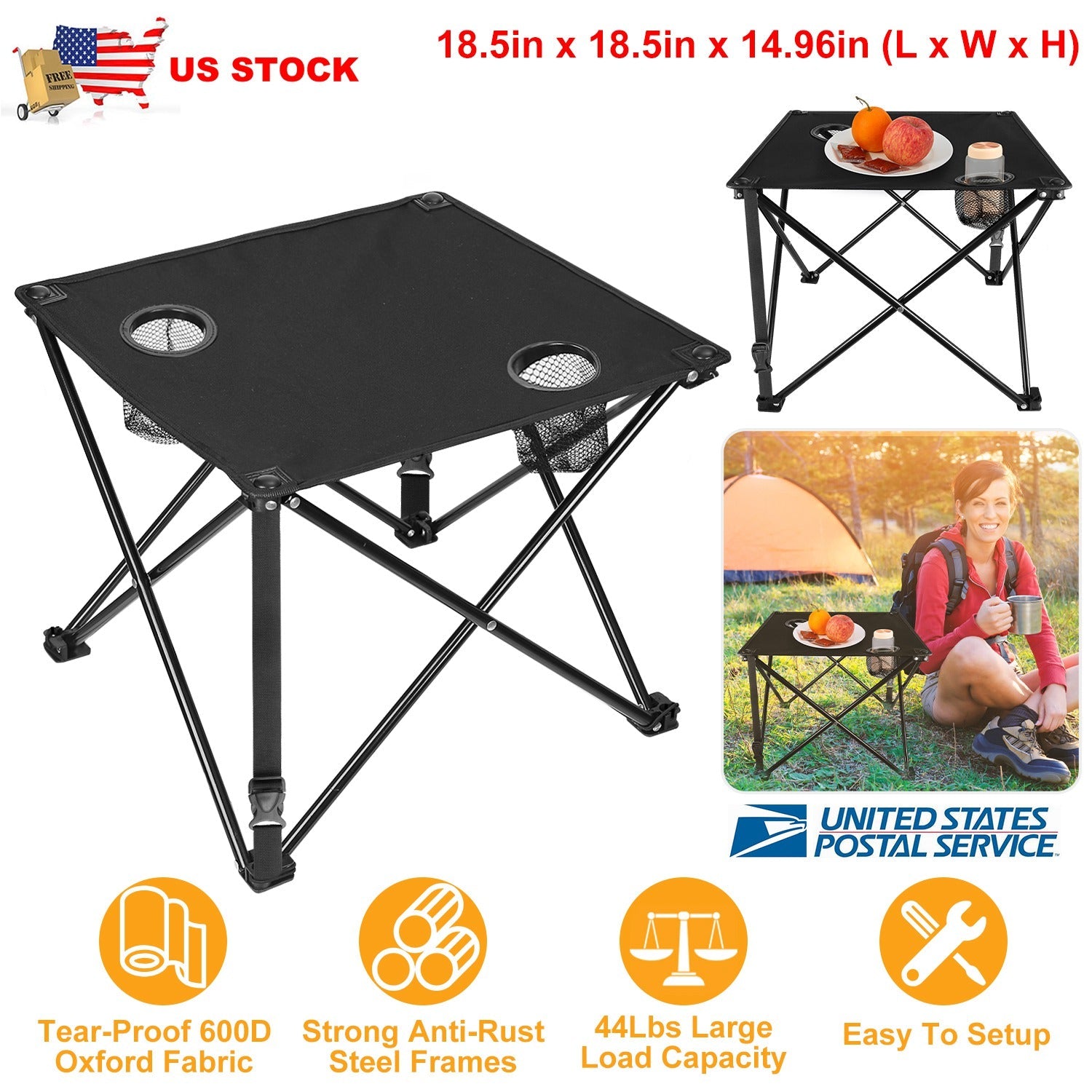 GemGear 2Pcs foldable camping table with black Oxford fabric top and 2 cup holders on Tampa Home & Garden Store