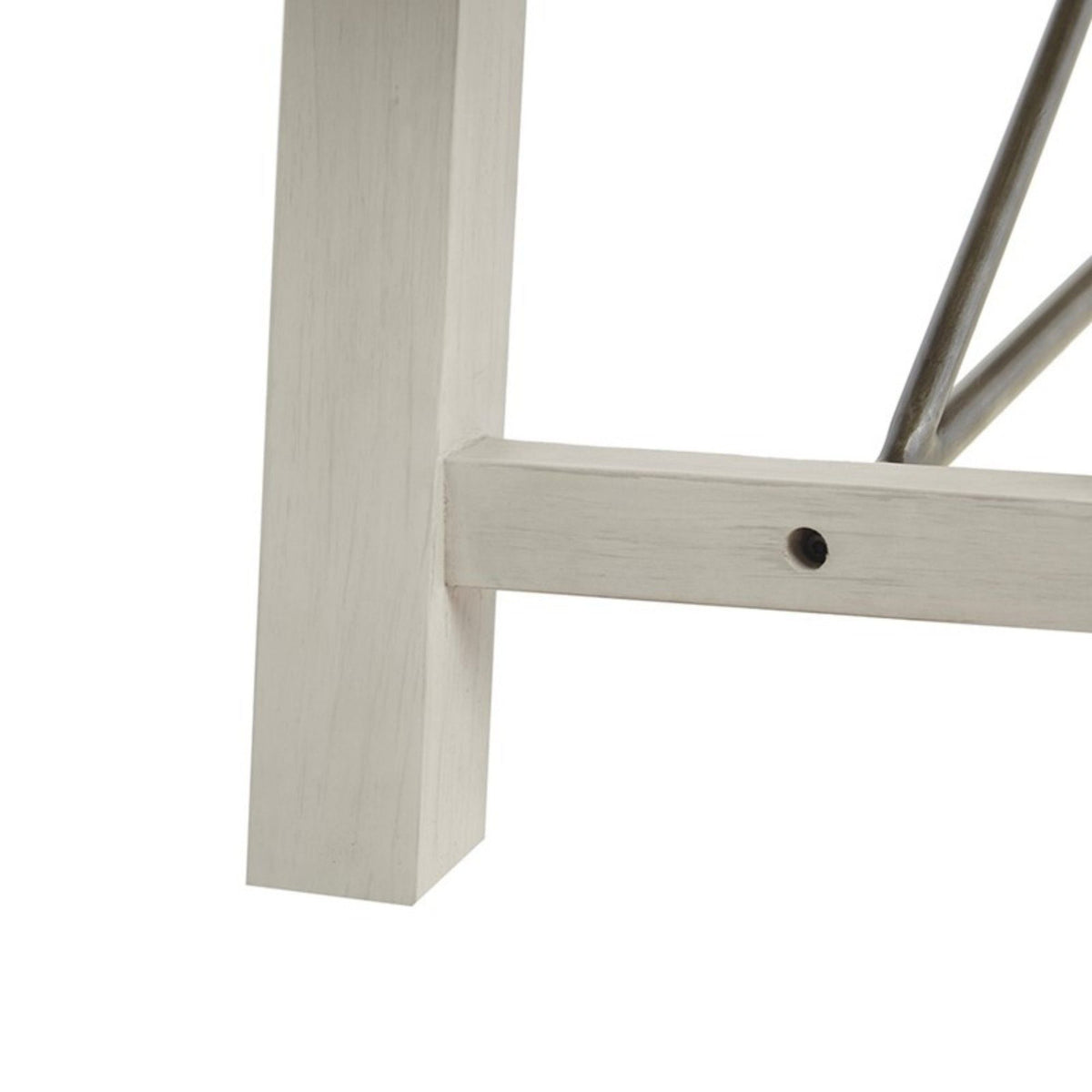 Solid wood dining bench with metal stretchers, light whitewashed finish, HouseOfZazla on Tampa Home & Garden Store