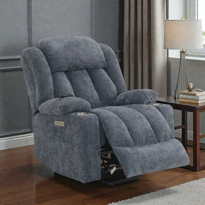 Power Motion Recliner with Lift, blue-gray fabric, massage function, remote on armrest on Tampa Home & Garden Store
