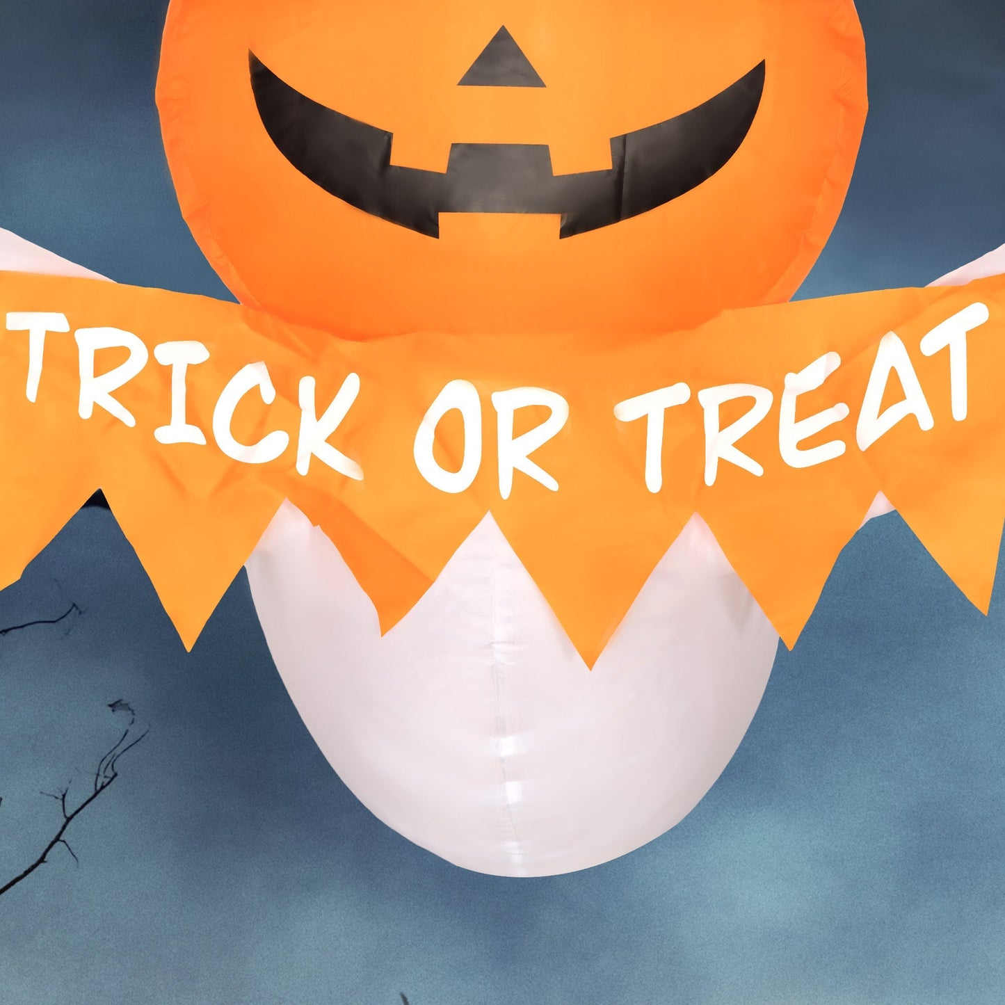 Inflatable Halloween Window Sticker Ghost with LED Lights – 41.3 inches Tall orange jack-o-lantern face with a Trick or Treat banner on backdrop on Tampa Home & Garden Store