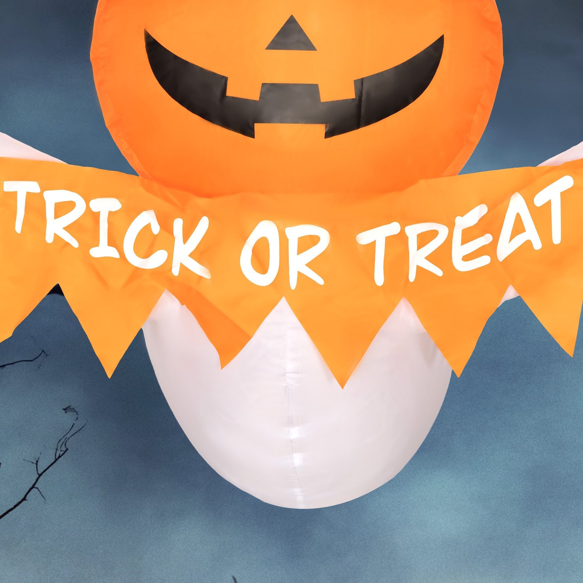 Inflatable Halloween Window Sticker Ghost with LED Lights – 41.3 inches Tall orange jack-o-lantern face with a Trick or Treat banner on backdrop on Tampa Home & Garden Store