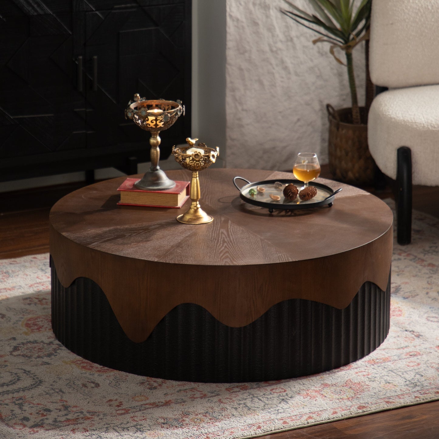 Round 38.97-inch handcrafted coffee table with dark wood top and black base by HouseOfZazla on Tampa Home & Garden Store
