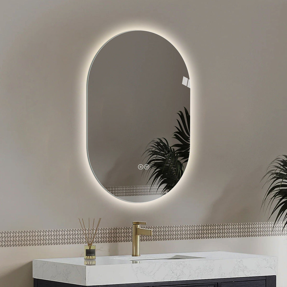Smart LED oval wall mirror with touch controls and pearl silver backlit edge on Tampa Home & Garden Store