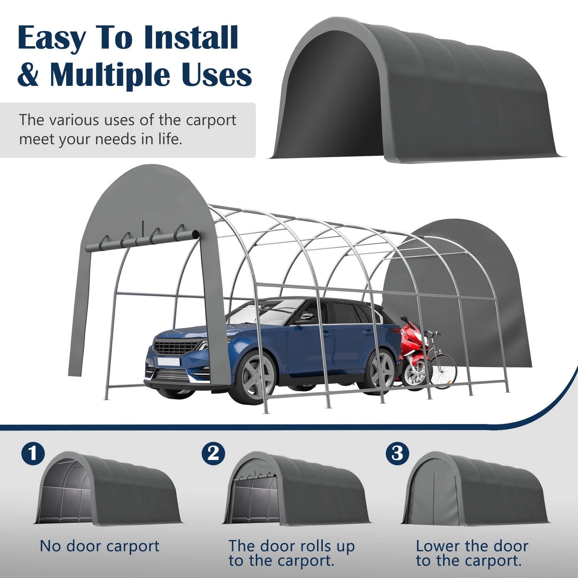 Heavy-Duty 12x20 ft carport canopy gray frame with blue SUV and red motorcycle HouseOfZazla on Tampa Home & Garden Store