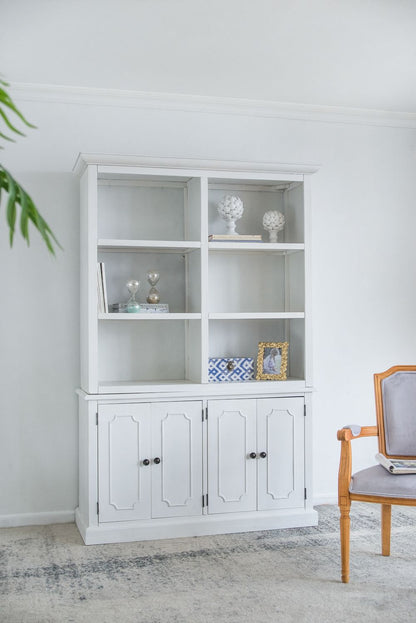 French Country Acacia Bookcase by HouseOfZazla, white finish with open shelves and cabinet base on Tampa Home & Garden Store