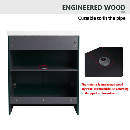 Freestanding Bath Vanity With Resin Sink And Door, dark green cabinet and white top on Tampa Home & Garden Store