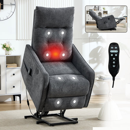 Grey Chenille Single Motor Power Lift Recliner Chair by HouseOfZazla with massage points remote on Tampa Home & Garden Store
