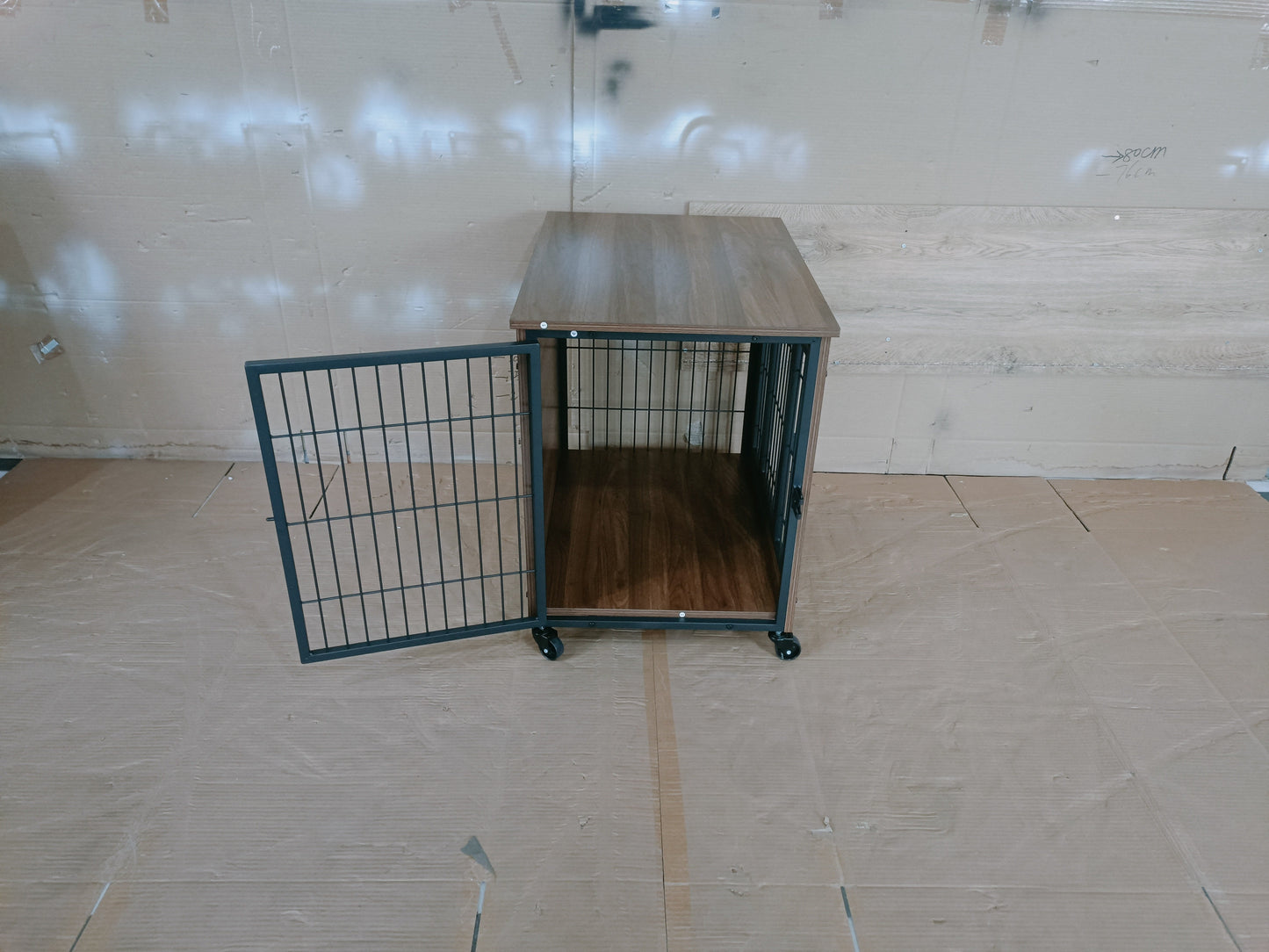 27.2in Dog Crate Furniture with Wheels for Small Dogs by HouseOfZazla, wood top, black metal on Tampa Home & Garden Store