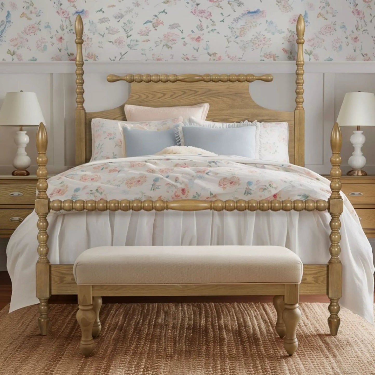 Queen Bed with Turned Legs in Camel Oak Finish