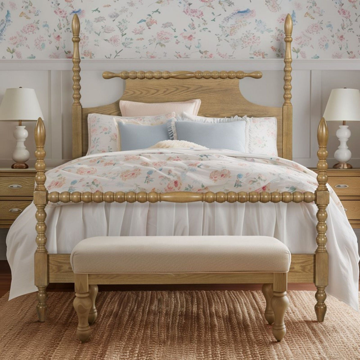 Queen bed with natural wood turned legs, four-post design, platform bed frame on Tampa Home & Garden Store