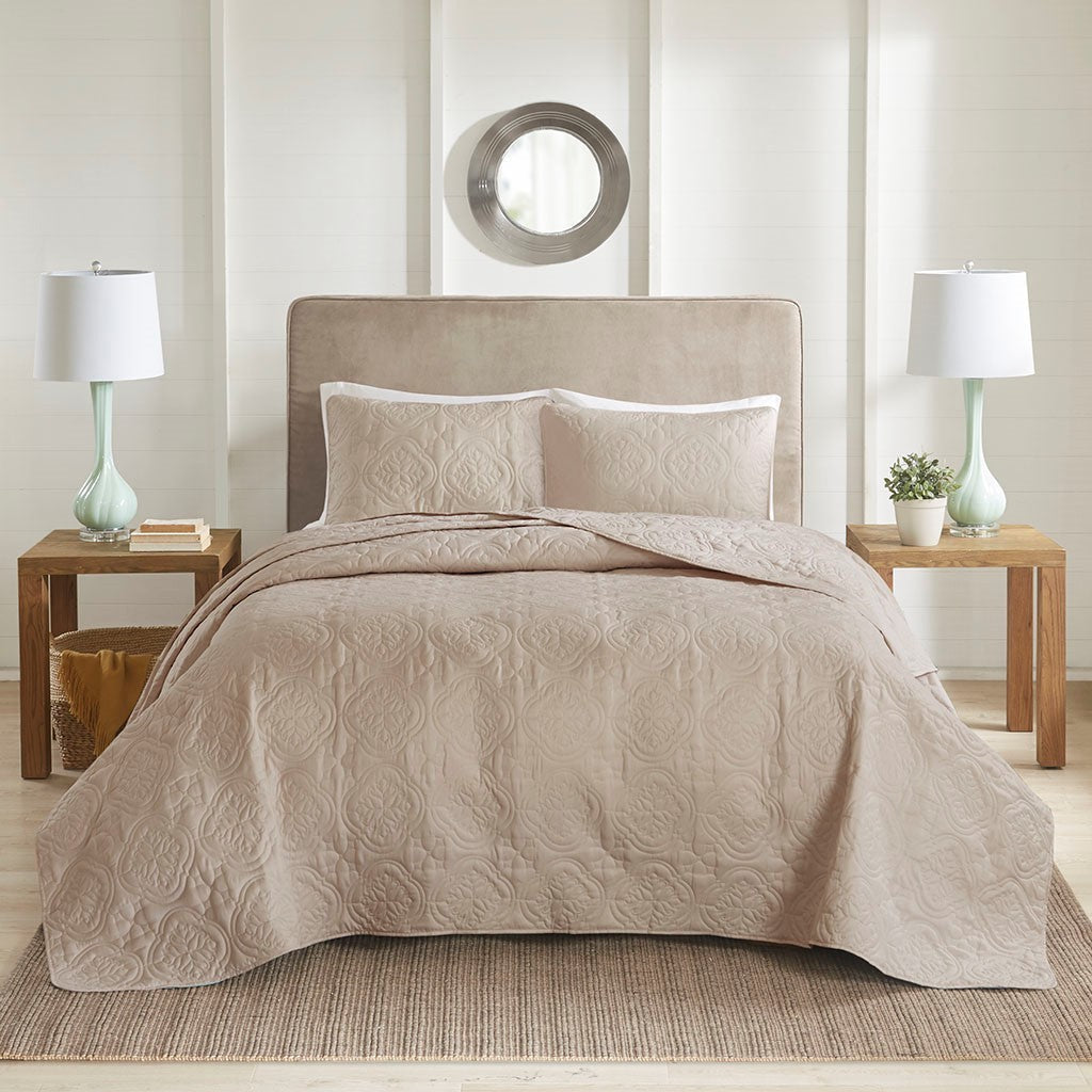3 Piece Reversible Bedspread Set Khaki Full/Queen HouseOfZazla with quilted texture on Tampa Home & Garden Store