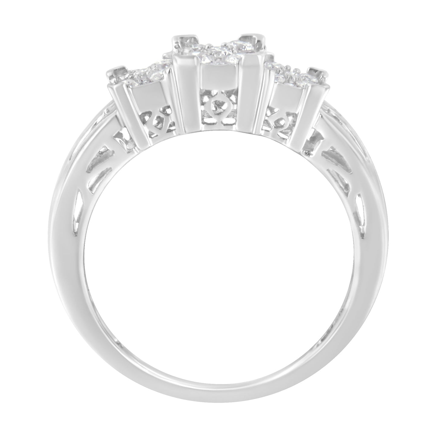 Engagement ring 10K white gold with three square diamond clusters and baguette-cut accents on Tampa Home & Garden Store