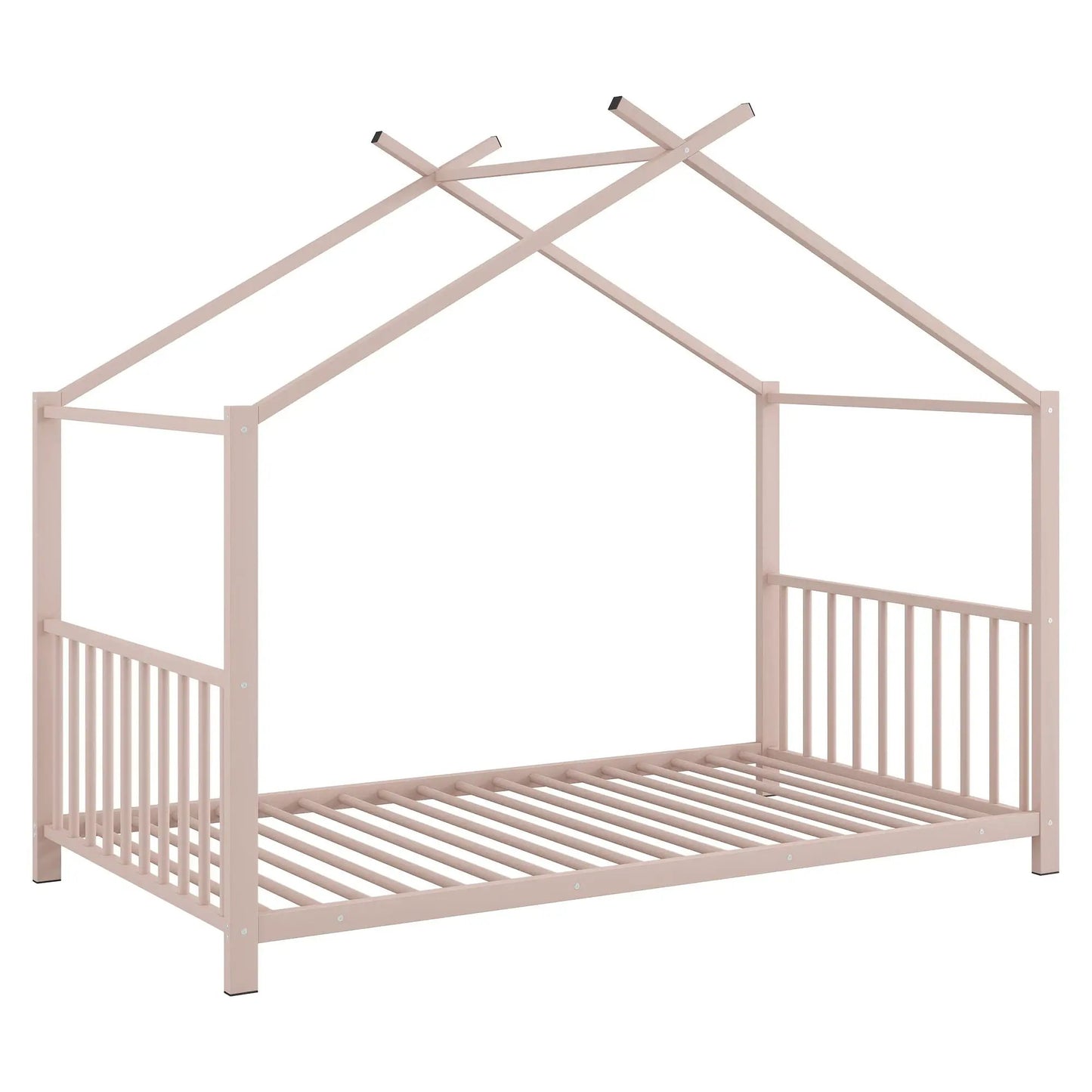 Metal canopy bed frame in pale pink with slatted platform and durable frame by Unique Piece Furniture on Tampa Home & Garden Store
