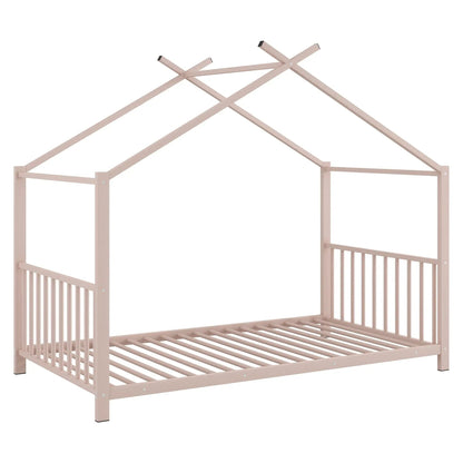 Metal canopy bed frame in pale pink with slatted platform and durable frame by Unique Piece Furniture on Tampa Home & Garden Store