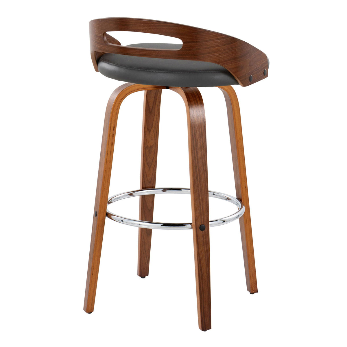 HouseOfZazla fixed-height swivel barstool with dark brown wood, gray cushion, chrome footring on Tampa Home & Garden Store
