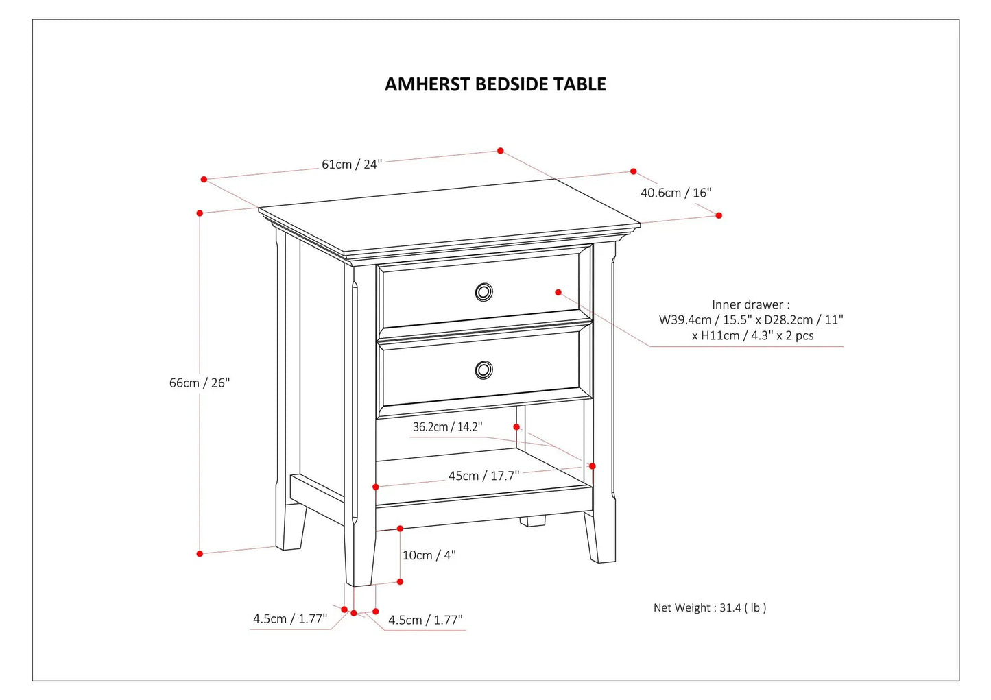 Amherst bedside table handcrafted by Unique Piece Furniture, two-drawer side nightstand on Tampa Home & Garden Store