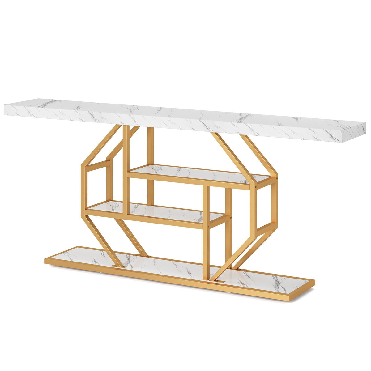 Console table extra long with 4-tier storage, white marble top, gold frame on Tampa Home & Garden Store